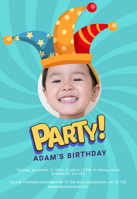 Colorful children's party invitation supporting charitable causes