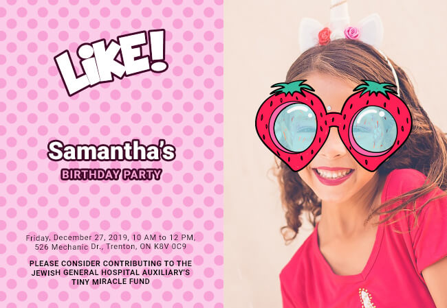 Customizable kids birthday party invitation with charity donation option