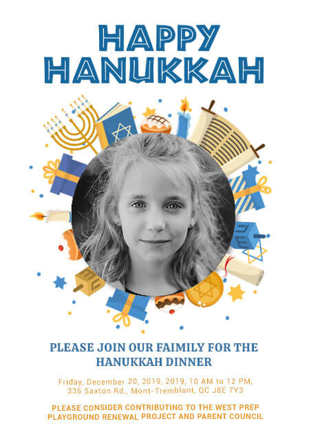 Editable Hanukkah party invitations with charity donation option