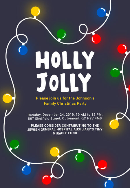 Vibrant Christmas party invitations promoting charity donations
