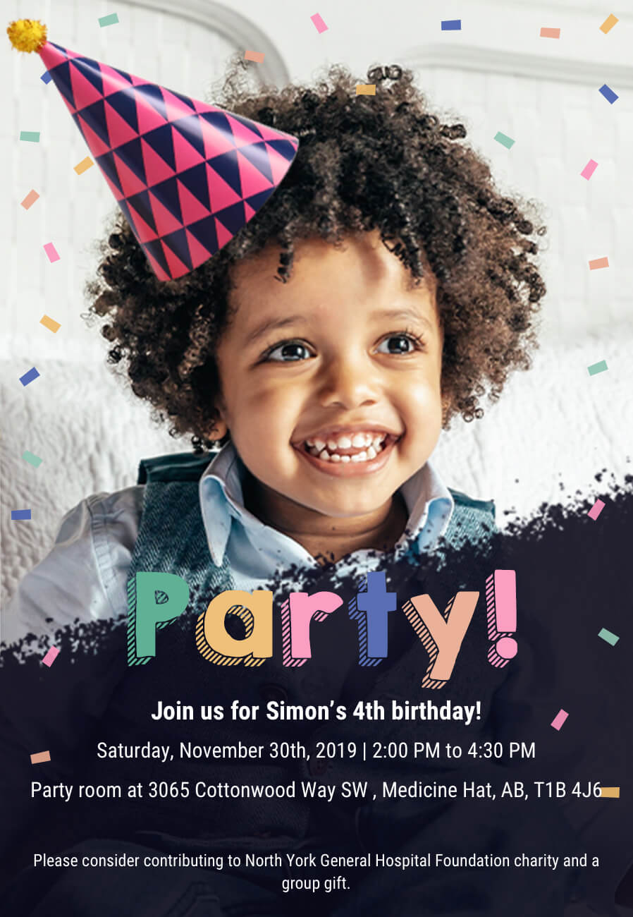Kid-friendly birthday invite template with charity focus