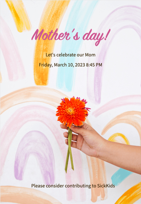 Floral-themed mom celebration party invitation with donation option
