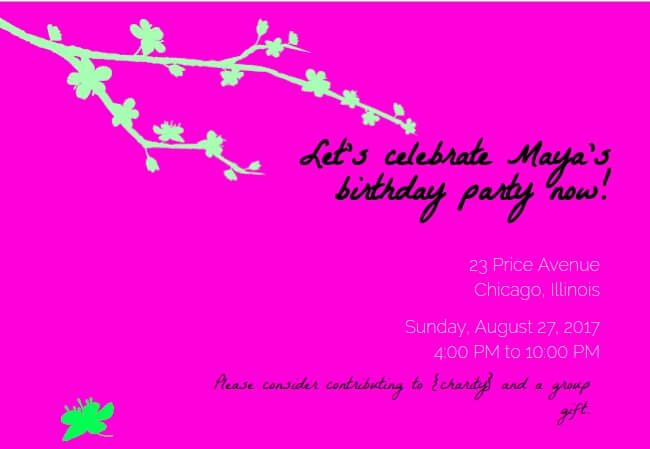 Custom party invitation with sophisticated design and charity focus