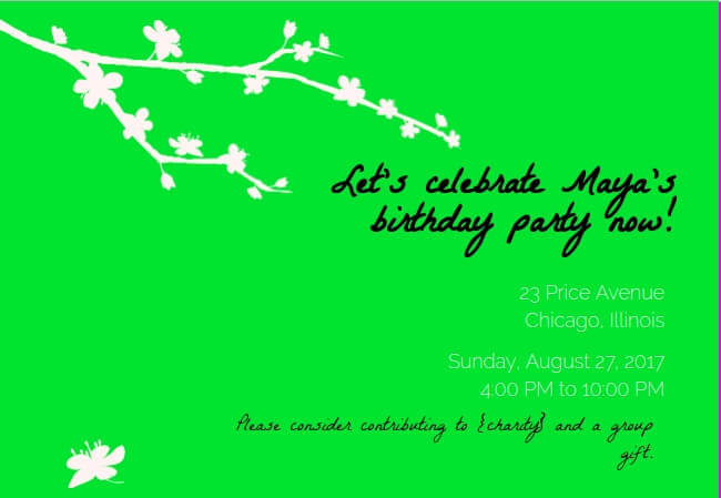 Creative birthday invitation promoting generosity through donations