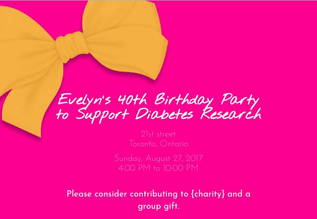 Colorful celebration invite supporting charitable contributions