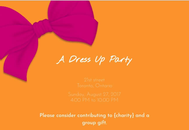 Dress up party invitation supporting charitable donations for any occasion