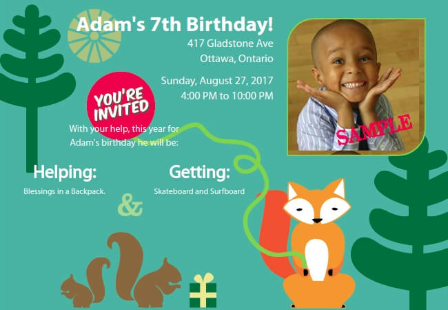 Vibrant kids birthday party invite with easy-to-edit details and donation feature