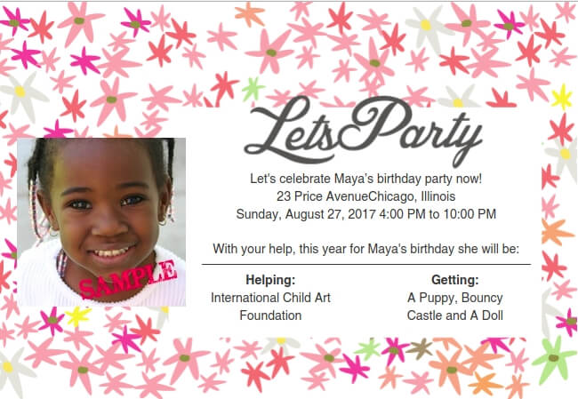Colorful and floral-themed birthday party invitation supporting charitable causes
